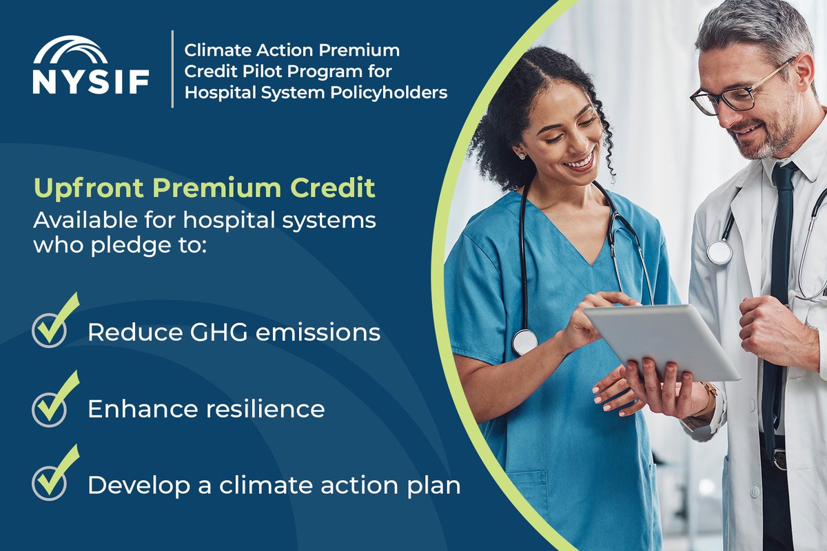 NYSIF_1914's tweet photo. Climate Action Premium Credit Pilot Program - The pilot provides #NYSIF’s hospital system policyholders an upfront credit of 5% on their #workerscomp premium, up to $1 million per policy, when they pledge to develop a climate action plan. #ClimateCredit https://t.co/YFyLwhWpDw https://t.co/3chjycJoBM