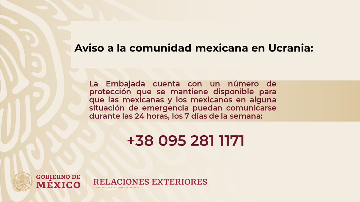 🚨¡Atención personas mexicanas! 🇲🇽

Se recuerda el número de emergencias de esta Embajada: +38 095 281 1171

#ProtecciónConsular #ProtecciónPreventiva