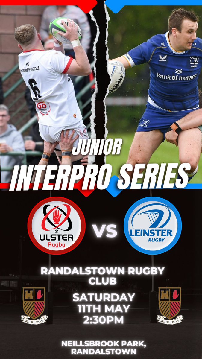 Big 1 this Saturday! Junior Interpro title decider 🏆 If you're a rugby fan & at a loose end, get down to Randalstown to watch & support some of the best club talent in Ulster. The boys have been superb so far, so hopefully we can get the job done 💪🏉 ⚪️🔴 #UlsterRugby