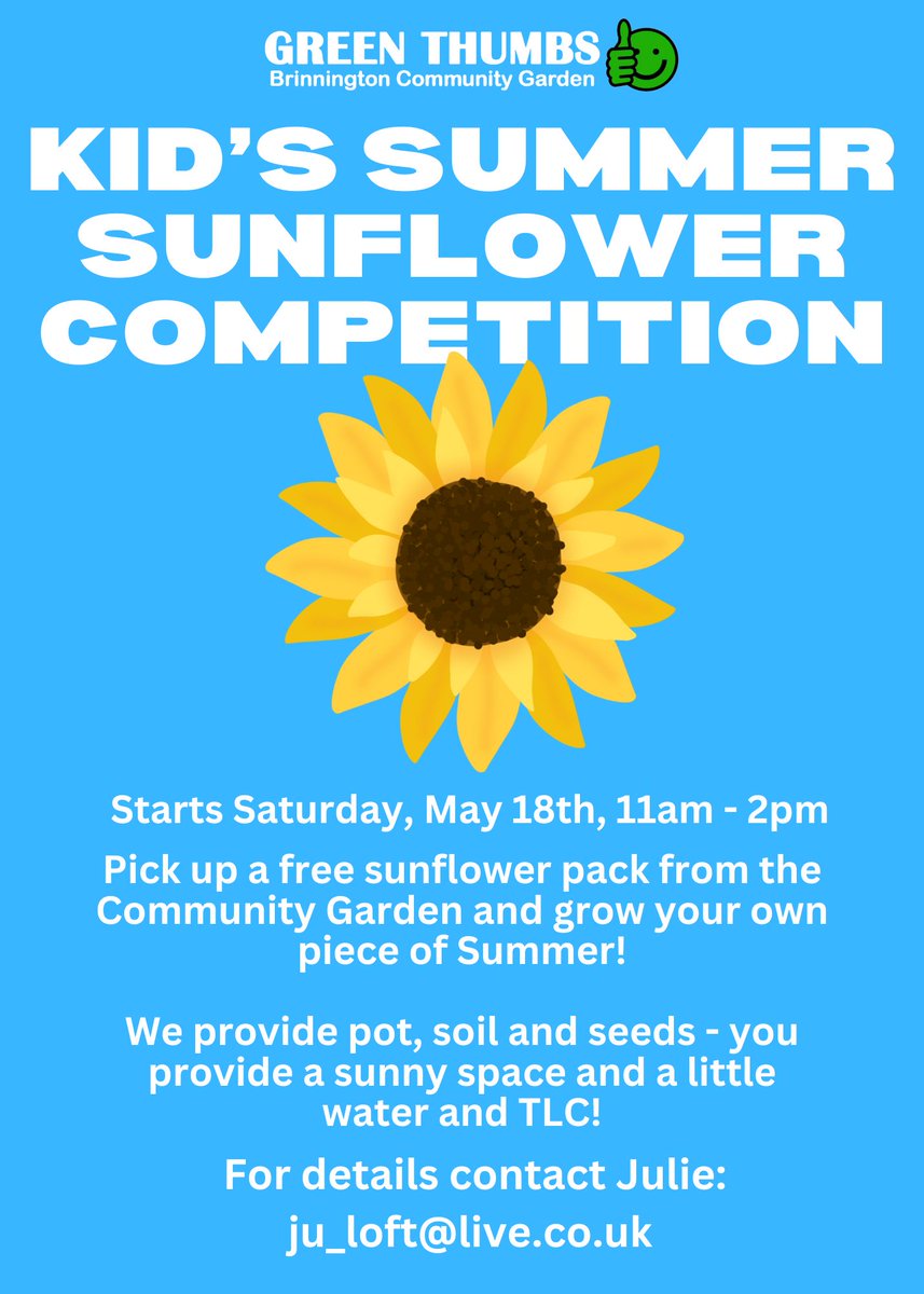 Brinnington children have two growing challenges this summer: Grow your own Sunflower or your own mini pumpkin. Bring the family along to Green Thumbs Community Garden next Saturday, May 18th between 11am - 2pm. to collect your packs. @StockportHomes @skylight_sk @GroundworkGM