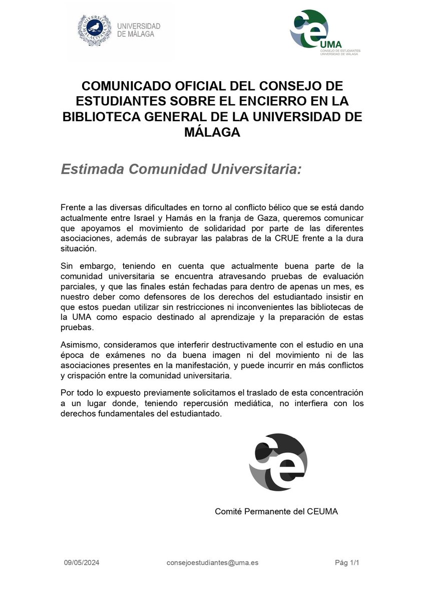 Desde el CEUMA hemos realizado un comunicado a la comunidad universitaria de cara al encierro en la Biblioteca General. A continuación, adjuntamos el enlace: u.uma.es/e2Z/