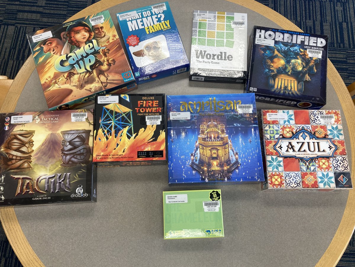 There are lots of new board games available to borrow!  Amritsar: The Golden Temple 
Azul 
Camel up 
The Chameleon 
Fire Tower: Fight Fire with Fire 
Horrified: Greek Monsters 
Tactiki 
What Do You Meme? Family Edition 
Wordle: The Party Game 
Borrow one for your next game night.