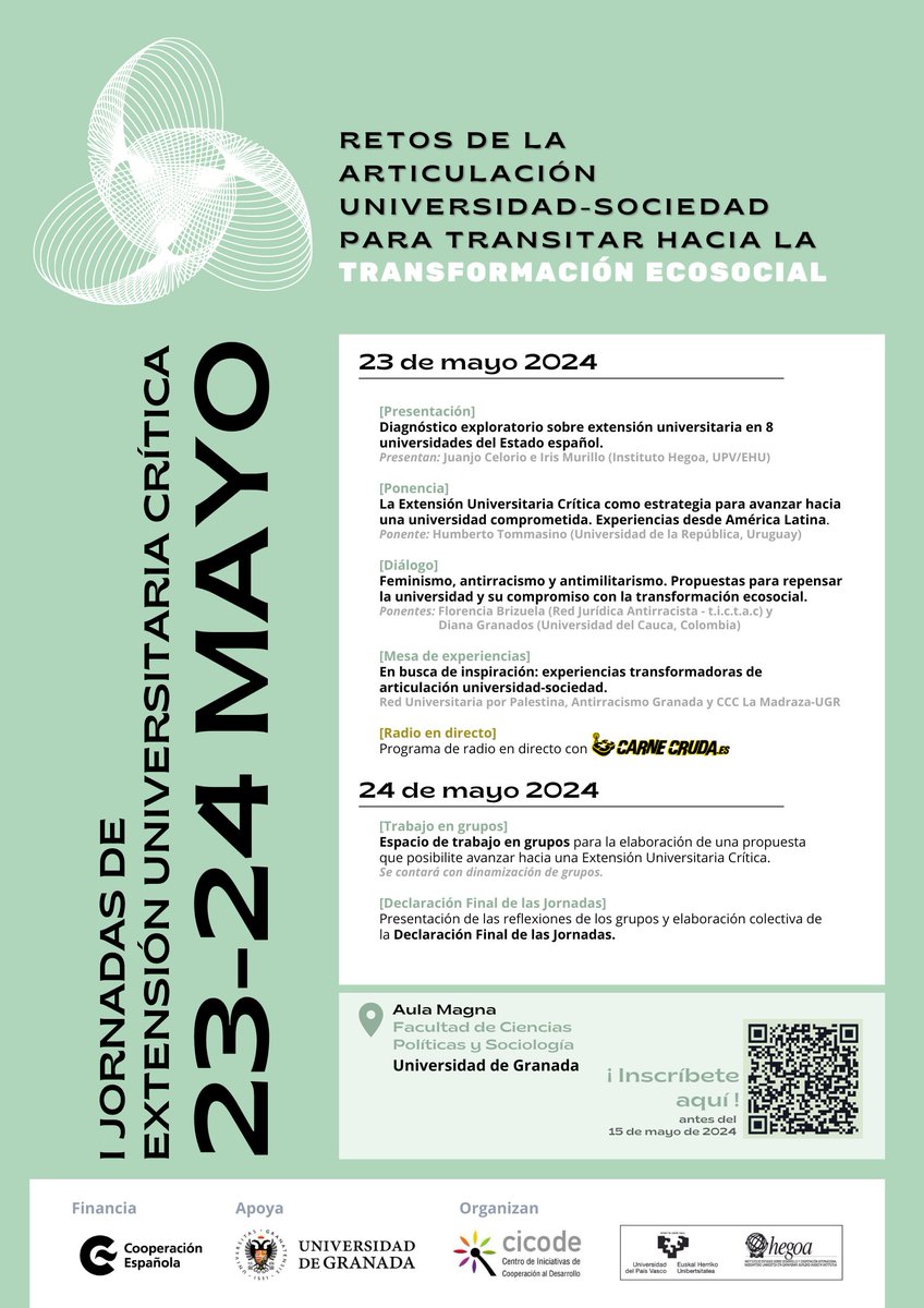 Feminismos, antirracismo y antimilitarismo para pensar la Universidad 𝗜 𝗝𝗼𝗿𝗻𝗮𝗱𝗮𝘀 𝗱𝗲 𝗘𝘅𝘁𝗲𝗻𝘀𝗶𝗼́𝗻 𝗨𝗻𝗶𝘃𝗲𝗿𝘀𝗶𝘁𝗮𝗿𝗶𝗮 𝗖𝗿𝗶́𝘁𝗶𝗰𝗮 23-24 mayo Granada Inscríbete antes del 15 de mayo ‼️ hegoa.ehu.eus/es/events/63 #UniversidadTransformadora