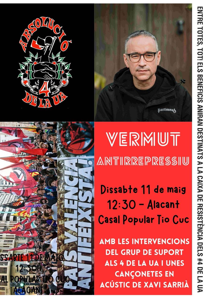 Els @4_ualacant pateixen la repressió de l'Estat i necessiten tota la nostra solidaritat.

Aquest dissabte ens trobàrem amb <a href="/xavisarria/">Xavi Sarrià 🇵🇸</a> al <a href="/TioCuc/">CasalPopular Tio Cuc</a> amb un vermut antirepressiu.

La nostra millor arma: la solidaritat.