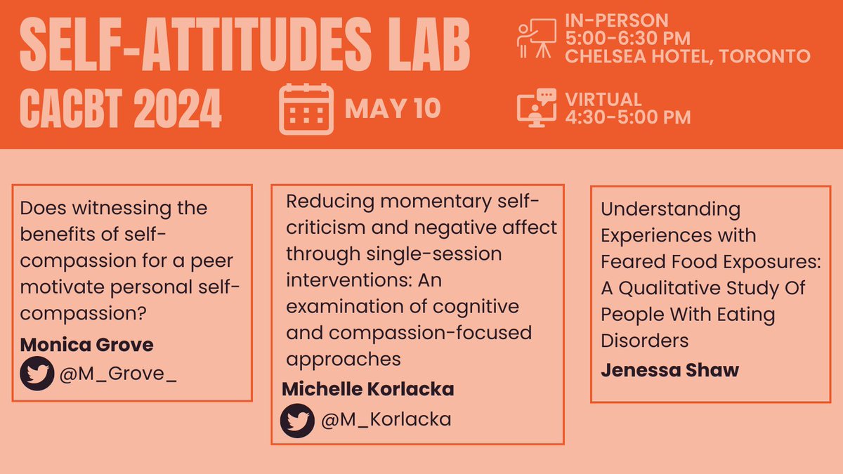 Self-Attitudes Lab (@attitudeslab) on Twitter photo Come visit our poster presentations by <a href="/M_Korlacka/">Michelle Korlacka</a>, <a href="/M_Grove_/">Monica Grove</a> and Jenessa Shaw this Friday at the <a href="/CACBT/">CACBT/ACTCC</a> conference!
#Psychology #PsychologyResearch #SelfCompassion #CompassionFocused Come visit our poster presentations by <a href="/M_Korlacka/">Michelle Korlacka</a>, <a href="/M_Grove_/">Monica Grove</a> and Jenessa Shaw this Friday at the <a href="/CACBT/">CACBT/ACTCC</a> conference!
#Psychology #PsychologyResearch #SelfCompassion #CompassionFocused