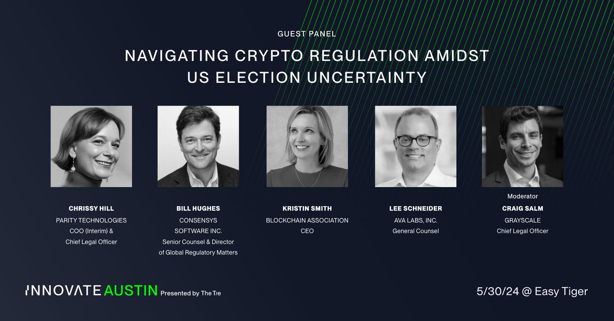 Join us at InnovateAustin for an expert panel discussion, Navigating Crypto Regulation Amidst US Election Uncertainty, featuring: - Chrissy Hill (@USCHill) COO (Interim) & Chief Legal Officer @ Parity Technologies (@paritytech) - Bill Hughes (@billhughesdc) Senior Counsel &