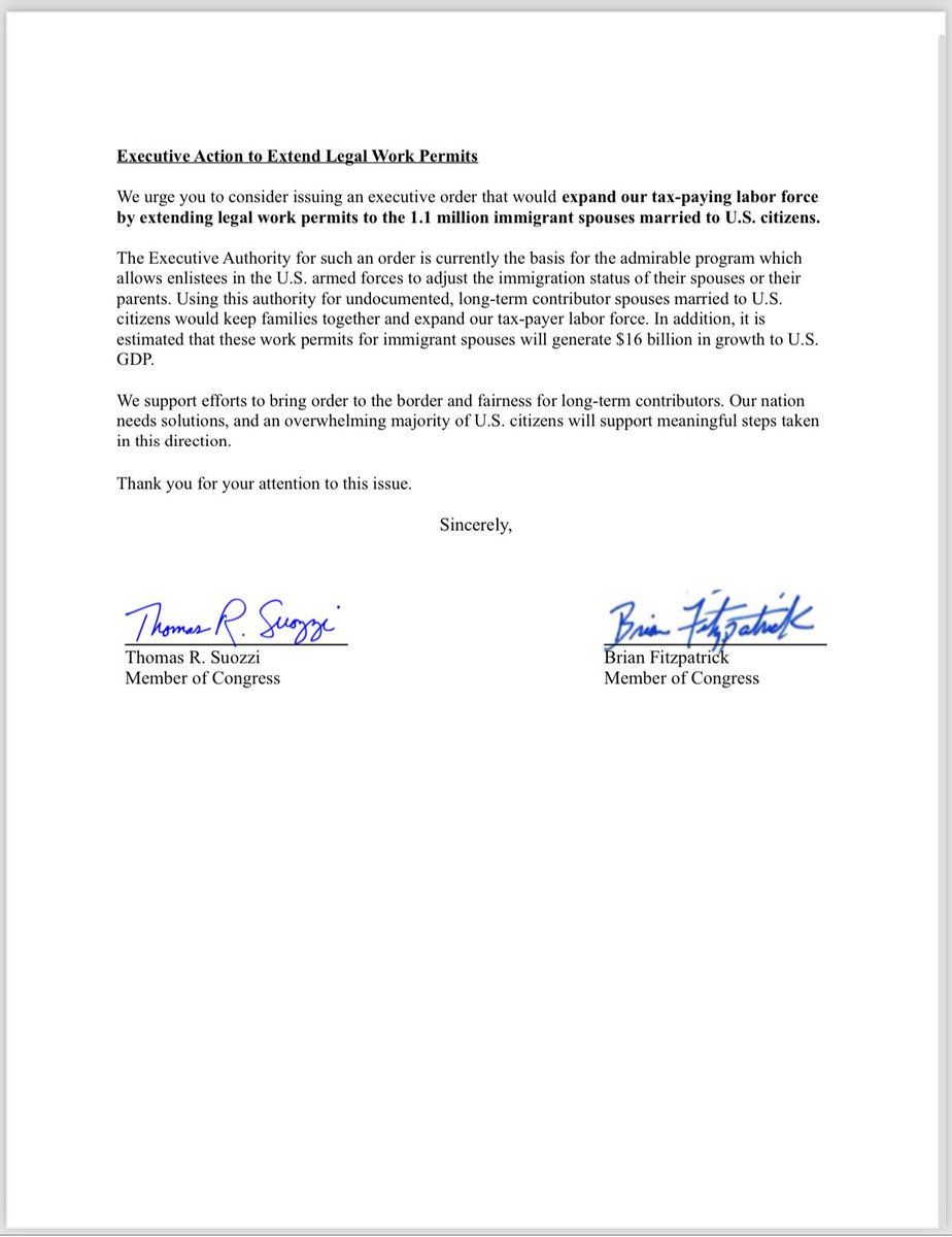 Democratic @RepTomSuozzi and Republican @RepBrianFitz send a letter asking @POTUS to take executive action to (1) crack down on asylum abuse by cartels and raise the “credible fear” standard, and (2) extend work permits to immigrant spouses married to Americans.