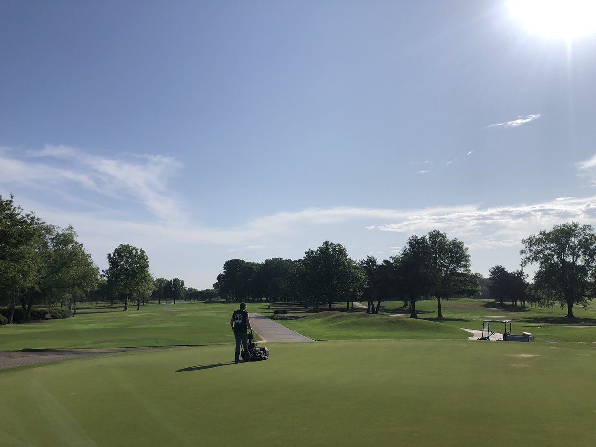 Suns out after .2' rain this morning. Staff is hand mowing greens and beginning sod prep left of 12 green. High near 90 today! Perfect scenario for growing bermudagrass. Mowing fwys this afternoon.