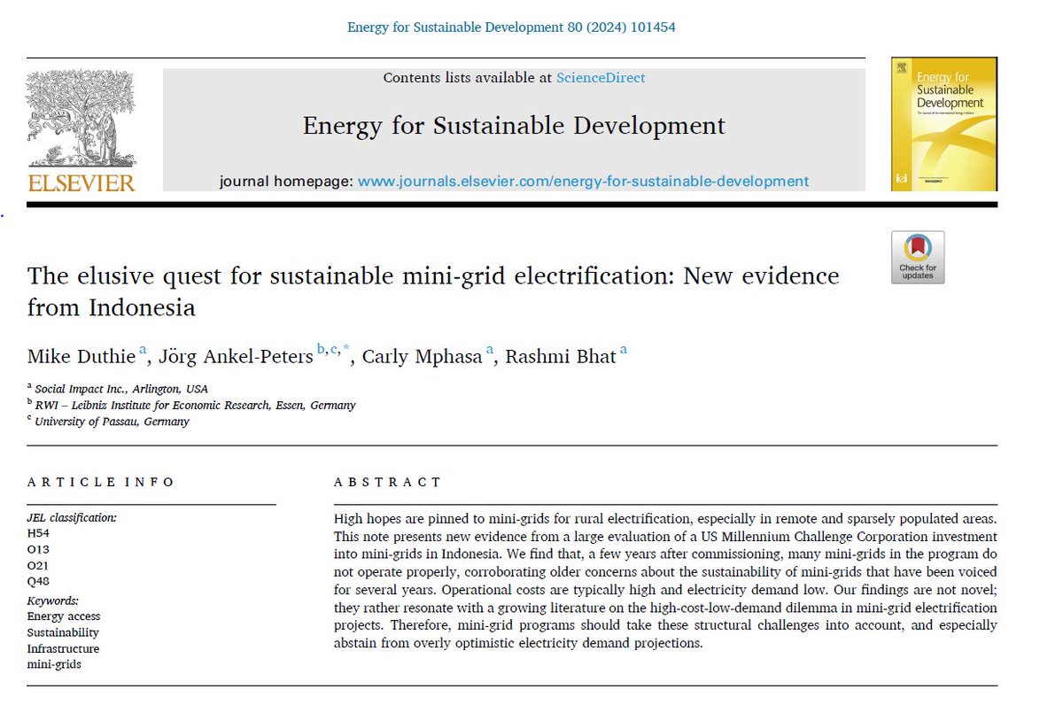 Our paper on mini-grid electrification in Indonesia is out now in ESD. Mini-grids are a beautiful technology. But the high-cost-low-demand dilemma in remote areas, the natural target group for mini-grids, makes sustainable operation challenging. authors.elsevier.com/sd/article/S09…