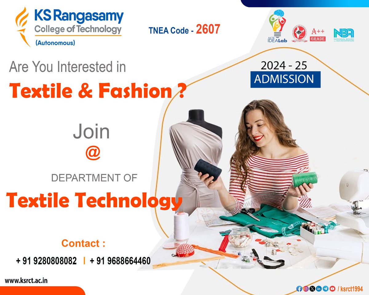 Those who want to pursue their career in the garment sector/fashion designer! Joining the Department of Textile Technology, #ksrct1994, Tiruchengode can be a good starting point to gain the necessary knowledge and skills for a career in the fashion industry.