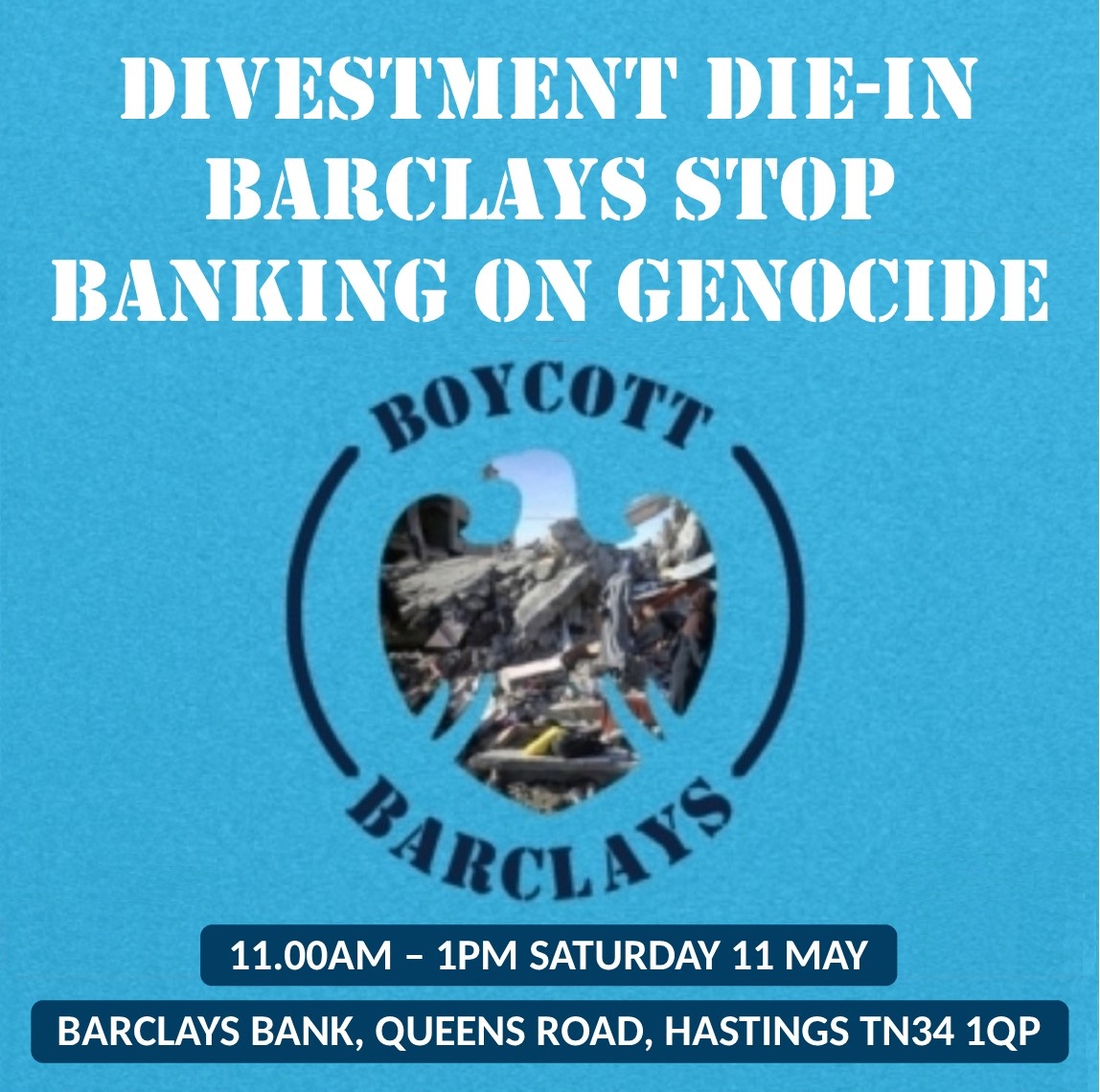 ⚫️ We're holding a die-in at Barclays. It has increased its investments in companies supplying armaments for Israel's genocidal policies to £2+ billion. The die-in will represent medics, journalists, children that have been murdered by Israel in Gaza. facebook.com/events/4635081…