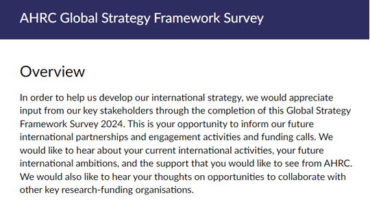 We want to hear from you!📣 An opportunity to tell us about your current international activities, your future international ambitions, and the support you’d like to see from AHRC. Take our survey: orlo.uk/VuHpC Closes 31 May