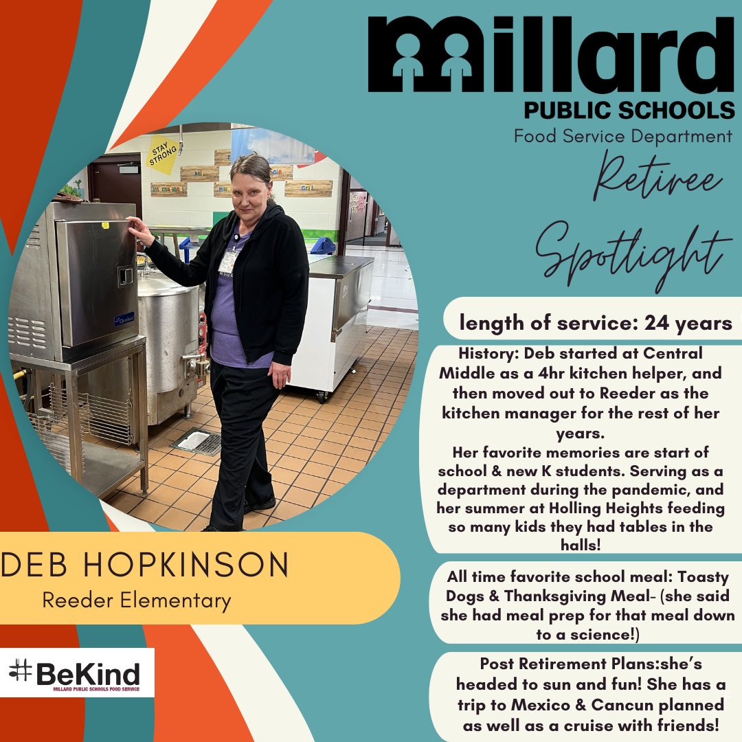 Millard Food Service (@mpsschoollunch) on Twitter photo We continue our celebration of retirees today with a well deserved kudos for Deb Hopkinson! Deb serves the students and staff at <a href="/ReederRocks/">Reeder Elementary</a> -thank you for all you do Deb! <a href="/MillardPS/">Millard Public Schools</a> <a href="/MPSHR/">MPS Human Resources</a> #MPSschoollunchp We continue our celebration of retirees today with a well deserved kudos for Deb Hopkinson! Deb serves the students and staff at <a href="/ReederRocks/">Reeder Elementary</a> -thank you for all you do Deb! <a href="/MillardPS/">Millard Public Schools</a> <a href="/MPSHR/">MPS Human Resources</a> #MPSschoollunchp