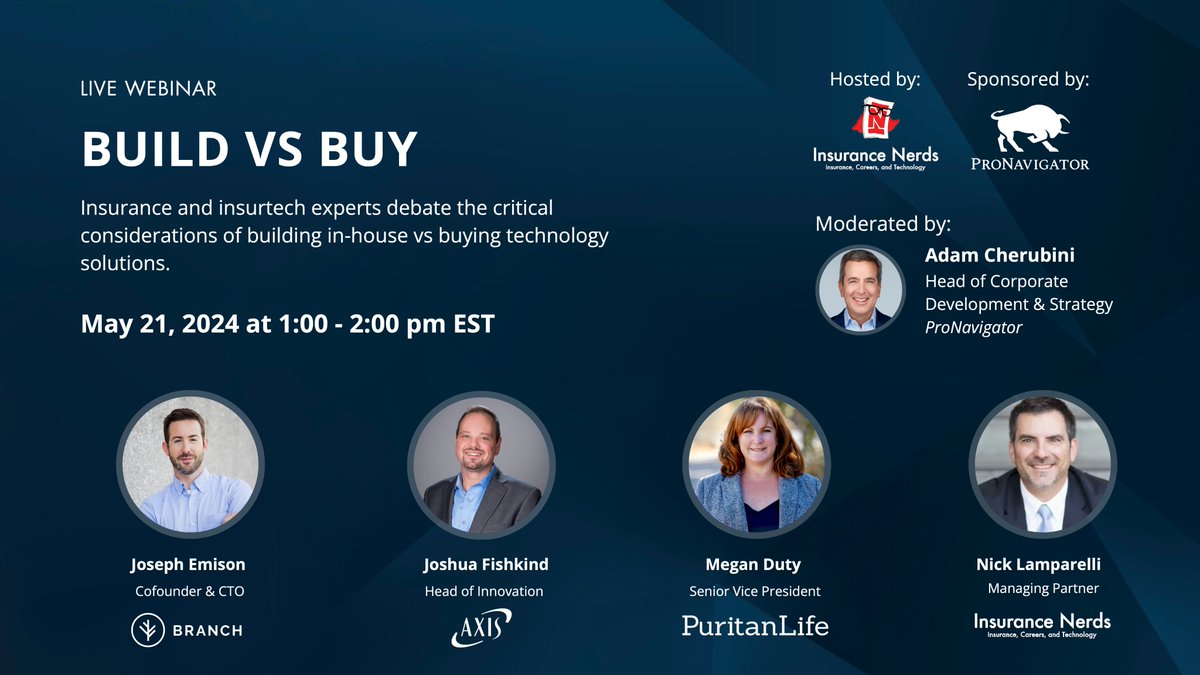 To buy or not to buy? There are so many factors to consider when making the Build vs Buy decision that it can feel daunting to make that call.

Register for the free, live #webinar, hosted by <a href="/InsNerds/">Insurance Nerds</a>: lnkd.in/eWBAdeRE

#insurtech #insurancetechnology #insurance