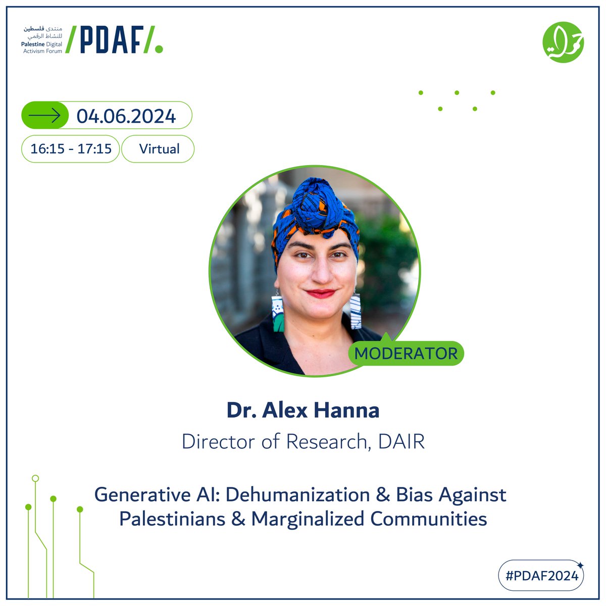 📢Join Dr. @alexhanna , who will moderate the session: “Generative AI: Dehumanization & Bias Against Palestinians & Marginalized Communities” @DAIRInstitute Reserve your seat now: pdaf.net #PDAF2024