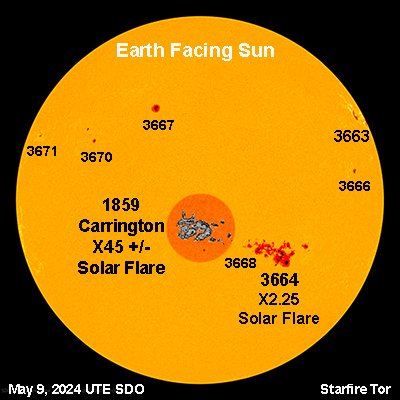 Core Matrix Indicates That Something Big Is Coming
Earth Facing Sunspot 3664 Unleashes X2.25 Flare/CME
5th X Flare For Ginormous Sunspot 3664
Size Comparison To 1859 Carrington Event Sunspot
Schumann Resonance Quiet/No Geomagnetic Storms
May 9, 2024
#StarfireTor #XFlares…
