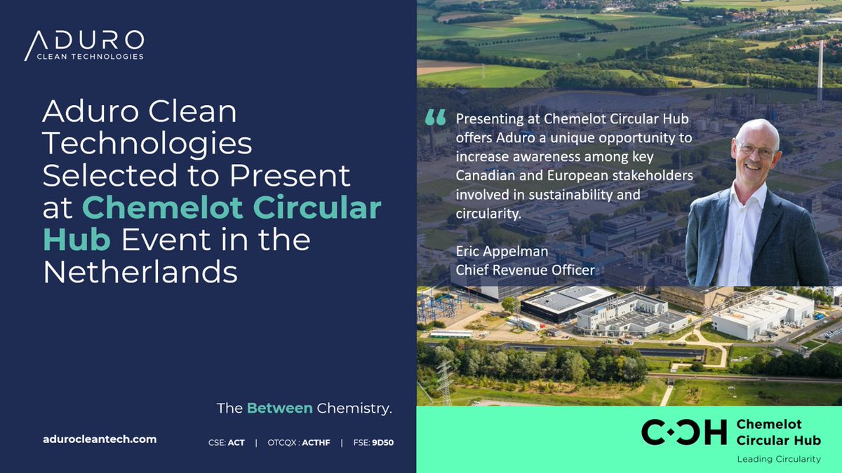 Out of 130 companies located at @BL_Chemelot, #AduroCleanTech is one of four companies invited to present to the Canadian and European Stakeholders at the Chemelot Circular Hub Event on May 15, 2024: loom.ly/6B7Kecw #recycle #plastic #circulareconomy #TheBetweenChemistry