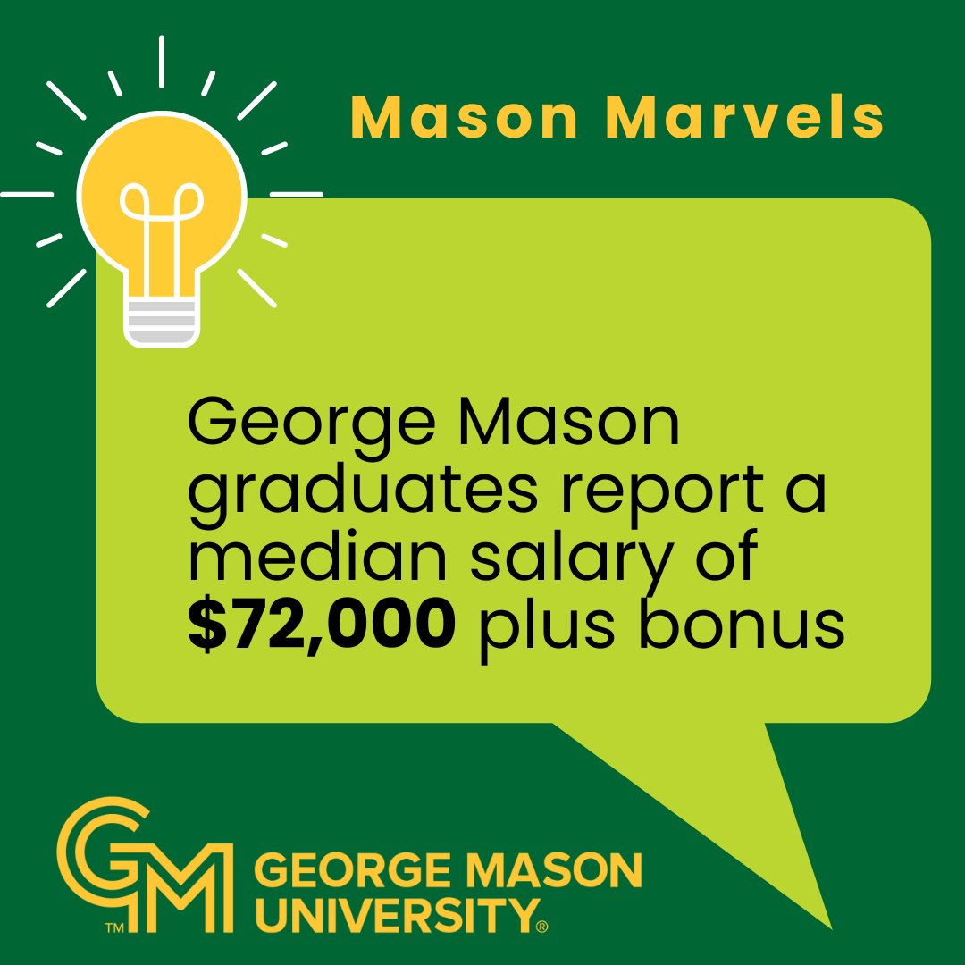 A @GeorgeMasonU degree is worth the years of hard work and all-night study sessions. @masoncareer reports the average salary of #MasonAlumni post-graduation is $72,000. #MasonGrad #Mason2024 #MasonNation
🔗: careers.gmu.edu/about-ucs/data…
@MasonAlumni