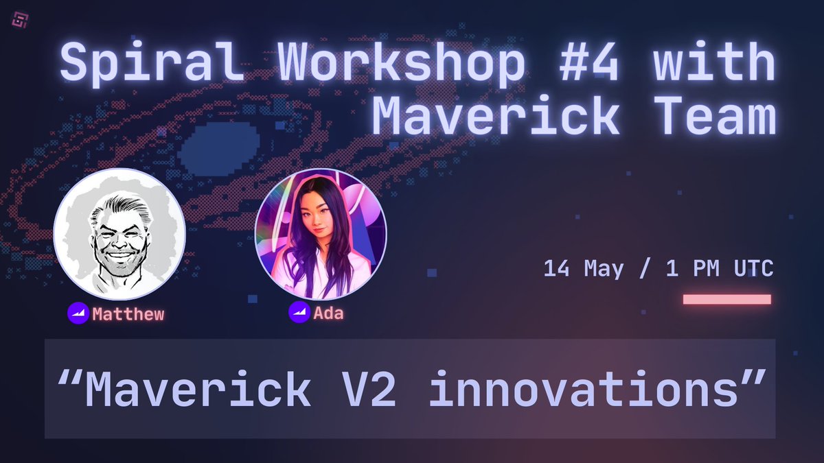 Learn more about @mavprotocol V2 next Tuesday with us! The Maverick project contributors @aw31415926 and @docofsteel will talk about ve-Flywheel, Programmable Pools, Maverick airdrop, and more!💫 📍Join the workshop on Discord🌀👇 discord.gg/spiral-dao-105…