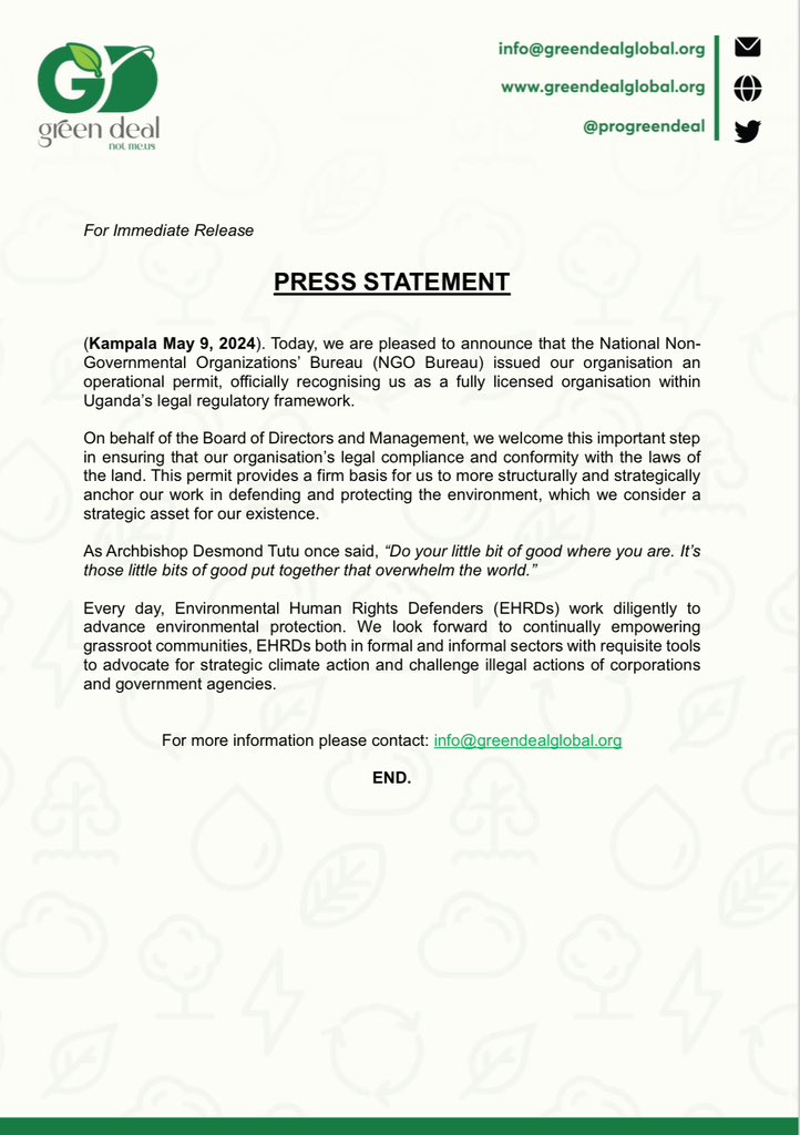 #Uganda 🇺🇬 |Today, @NGObureau granted us an operational permit.We look forward to more concretely step up our work with #EHRDs, strengthen our partnerships, collaboration towards empowering grassroot #EHRDs find their voice #ForTheEnvironment.

•Our Environment,Our Humanity•