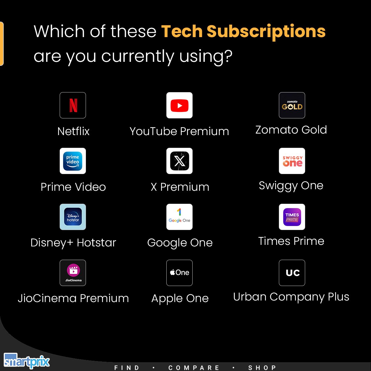 Which one of these tech subscriptions are you currently subscribed to? #Subscription #OTT #Netflix #YoutubePremium #AppleOne #ZomatoGold