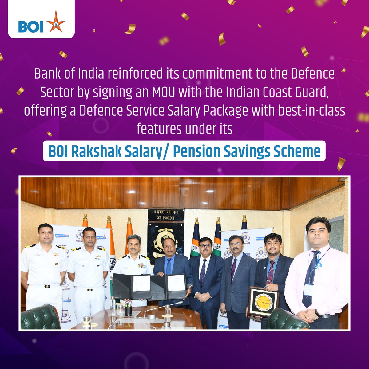 With BOI Rakshak's salary account, Bank of India proudly offers unparalleled support to all ranks of the Indian Coast Guard, veterans, recruits and Agniveers. Enjoy peace of mind with Personal Accidental Insurance of up to ₹150 Lakhs, Air Accidental Cover of up to ₹100 Lakhs,