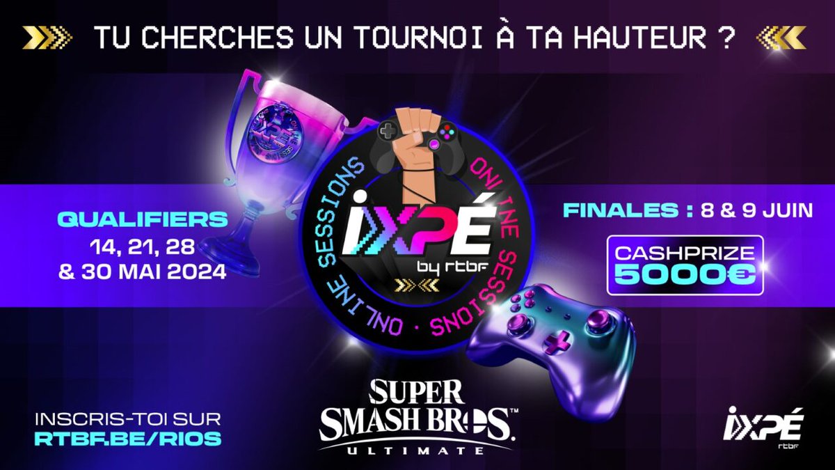 On organise un énorme tournoi #SSBU avec @rtbf_ixpé ! 

🇪🇺 Ouvert à toute l’Europe
🌐 Online
🗓️ 4 qualifiers
🏆 Finales en format semi-invitational (16 joueurs invités)

Pour s’inscrire, ça se passe ici : rtbf.be/rios