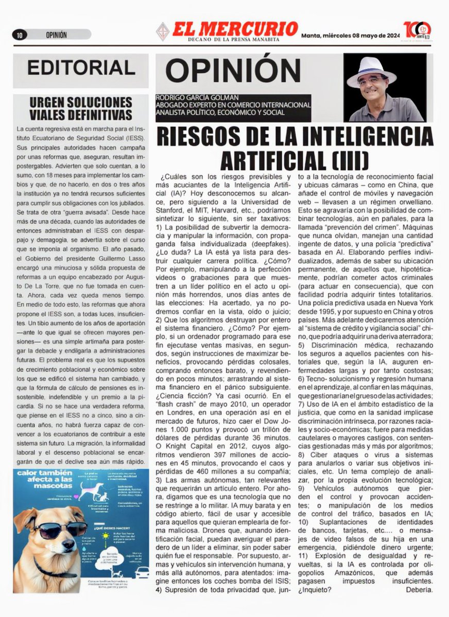 Mi artículo de hoy en El Mercurio, Ecuador, continuando la serie sobre inteligencia artificial, de gran seguimiento donde se publica.