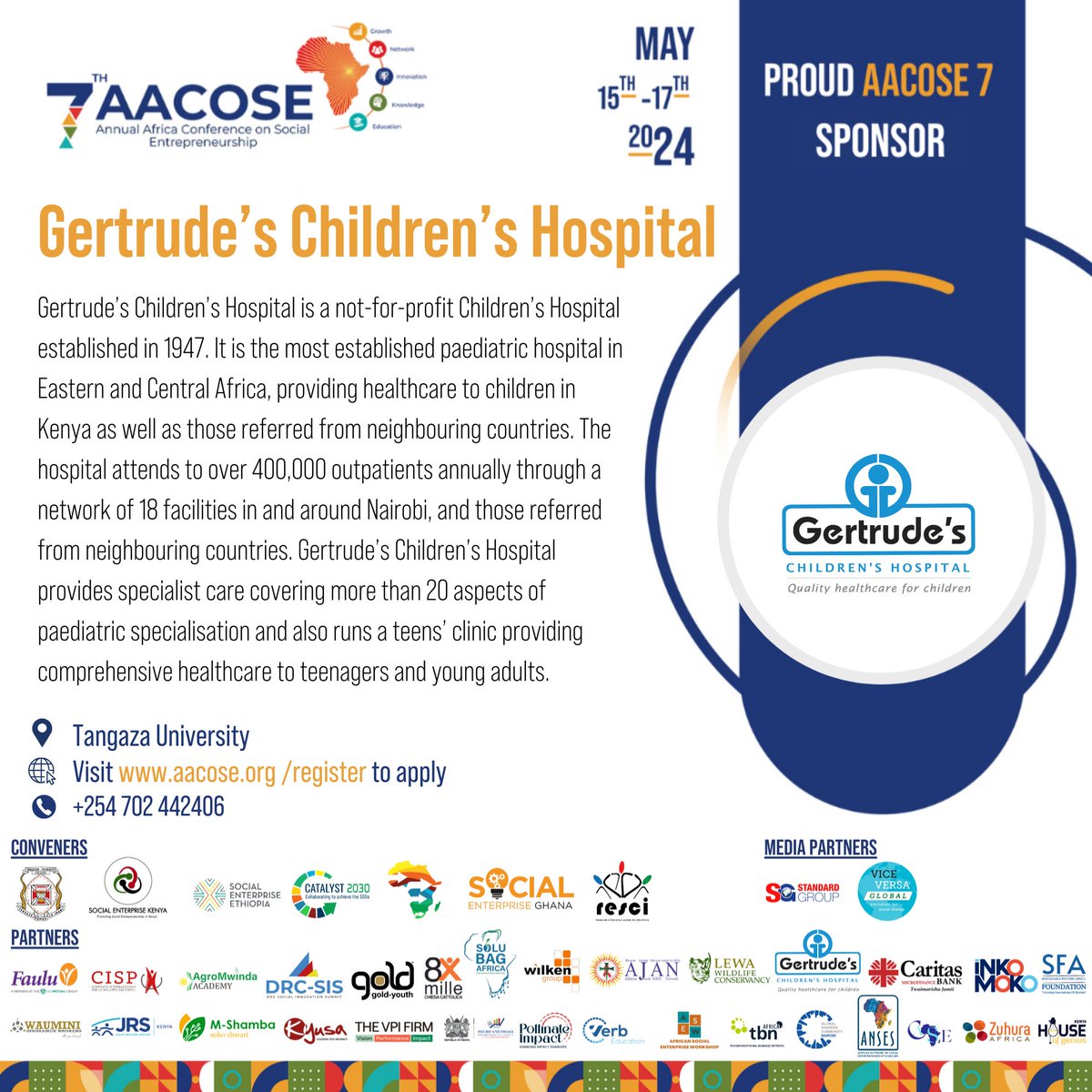 Thrilled to have @GertrudesHosp join us as a vital sponsor in the much-anticipated #AACOSE7 conference! 🎉 Together, we're set to ignite conversations, foster collaboration, and amplify the impact of social entrepreneurship across Africa. 🌍 1/4