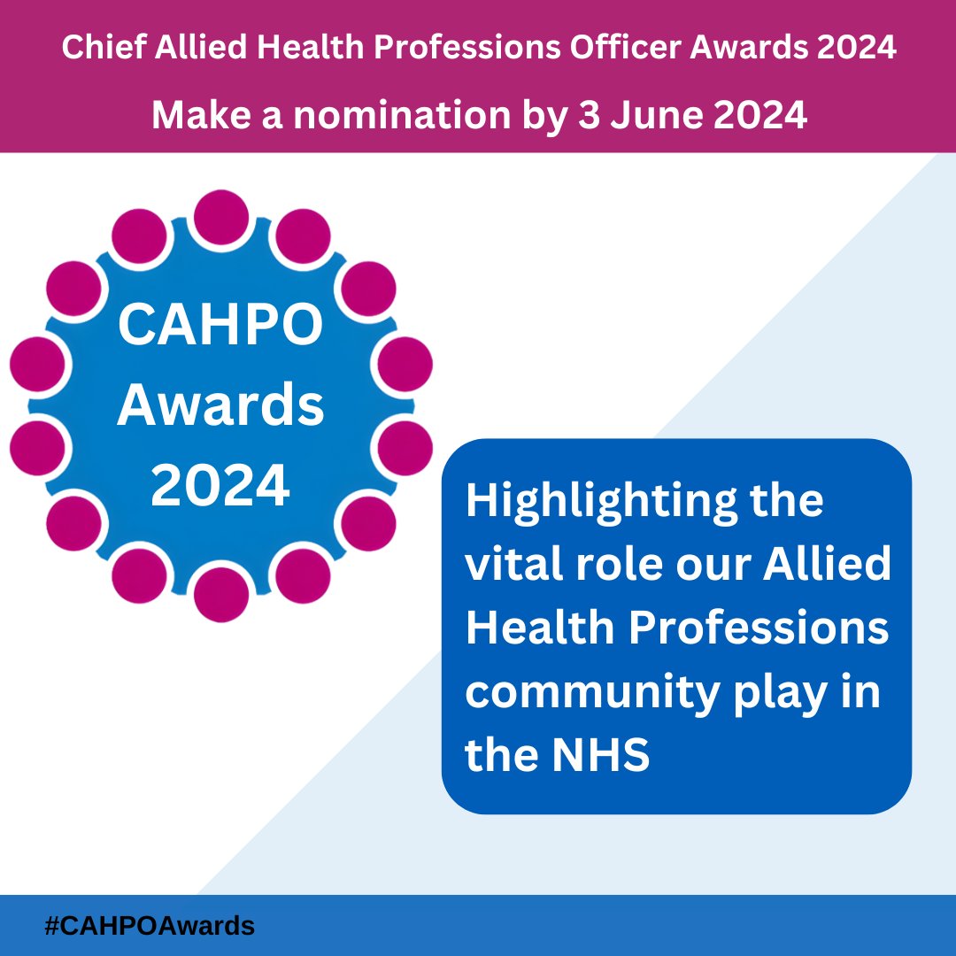 Hurry – nominations are still open for the #CAHPOAwards2024. AHPs are the third largest clinical workforce in the NHS and these awards are a great opportunity to celebrate some of the incredible work our AHPs do. To nominate yourself or a colleague: ow.ly/JAA850RAfJJ