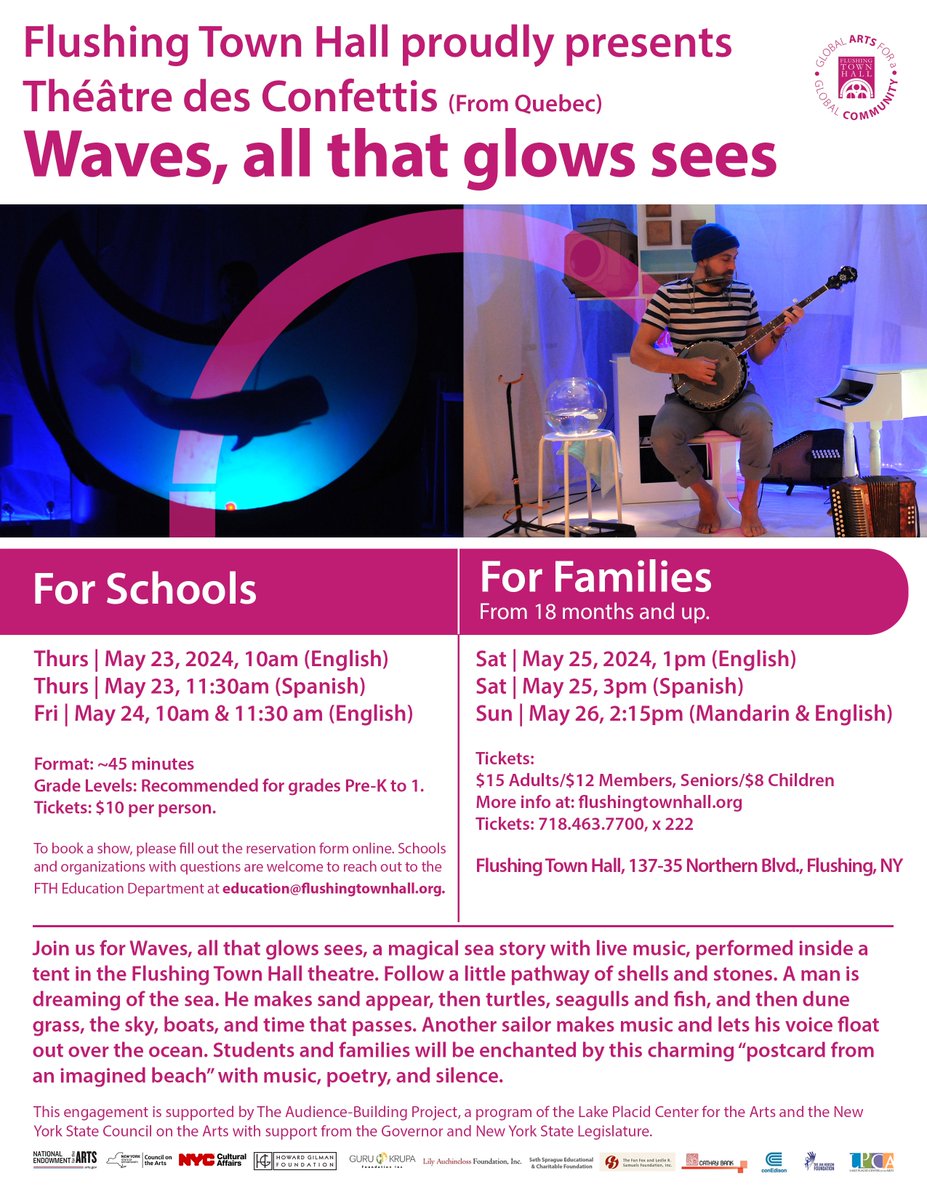 Check out this collaboration between Flushing Town Hall and Théâtre des Confettis for the May show “Waves, all that glows see”, a story about a sailor and the sea. Tickets available for: Weekday school shows: ow.ly/CtWA50QOYq6 Weekend family shows: ow.ly/90R250QOYqa