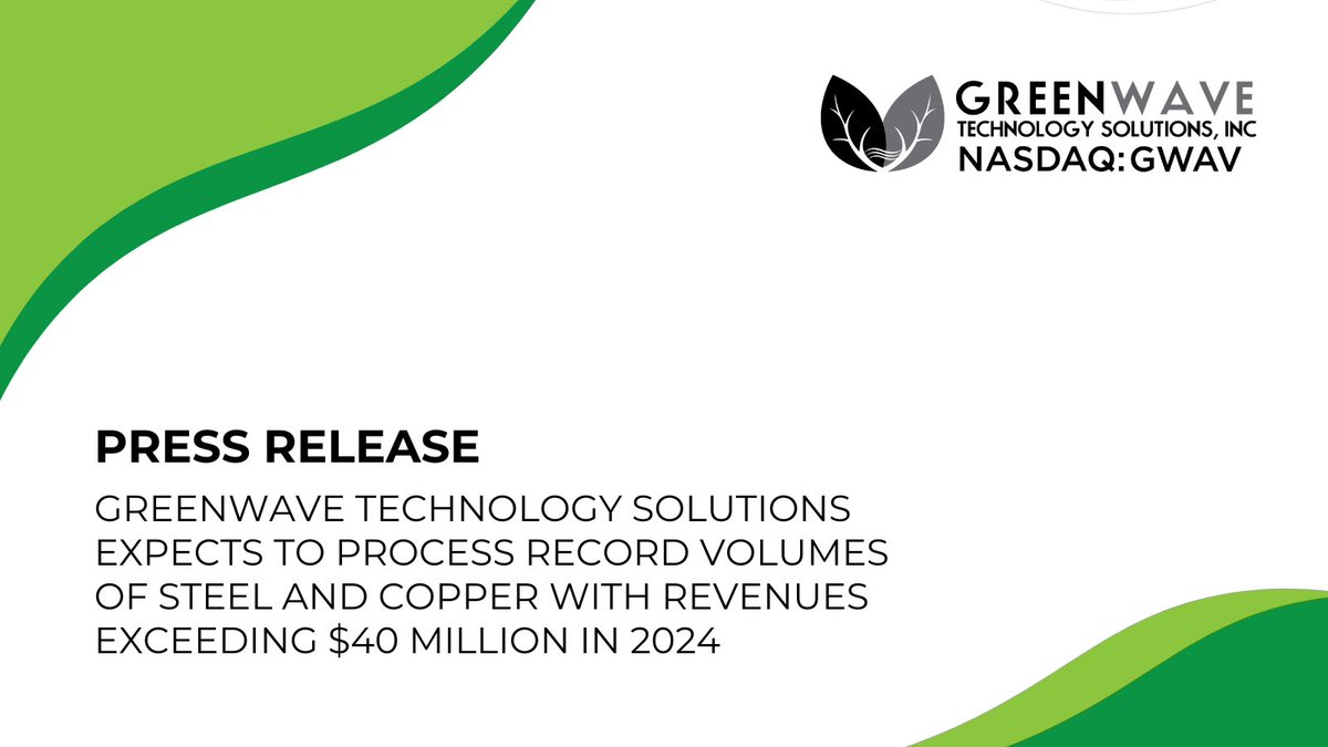 Greenwave Technology Solutions Expects to Process Record Volumes of #Steel and #Copper with Revenues Exceeding $40 Million in 2024. Read the press release here: prn.to/4dyUBKf $GWAV #MetalRecycling #Metals