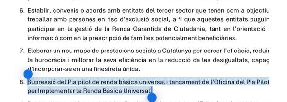 Pàgina 119 del programa del PSC, supressió del Pla Pilot de Renda Bàsica Universal i tancament de la Oficina. Tant amb la qüestió social com amb la nacional, al PSC de Illa li agrada que s'hagi de pidolar la més mínima porció de Llibertat.