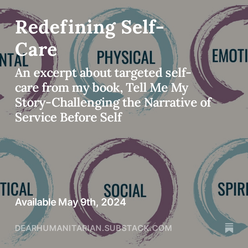 'So yes, we believe, deeply, in the power of care. Except, that is, when it comes to caring for ourselves.'

Full post at #dearHUMANitarian on #Substack. Link in the bio. 

#TellMeMyStory #Dimpstory #selfcare #challengethenarrative #humanitarianwork #servicewithoutsacrifice @RITC