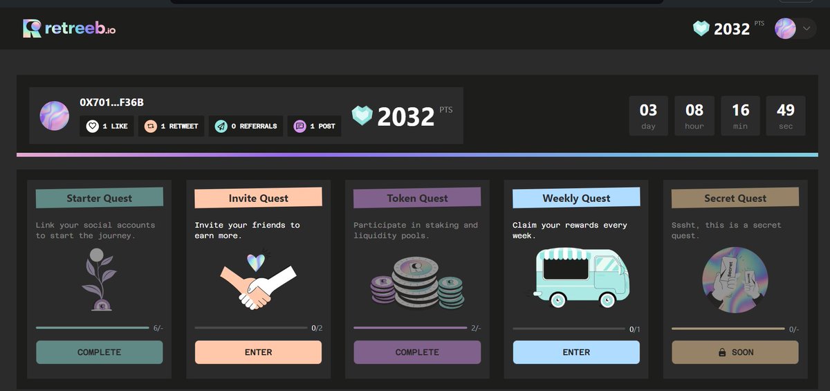 TUTO COMPLET - Comment être éligible au airdrop de Retreeb et gagner des cryptos prochainement ?

Il suffit de faire les différentes actions demandées sur la plateforme SocialFi pour gagner un max de points : quests.retreeb.io/?ref=CTAKJQ8G

Requis : 5-15 minutes de temps libre selon si