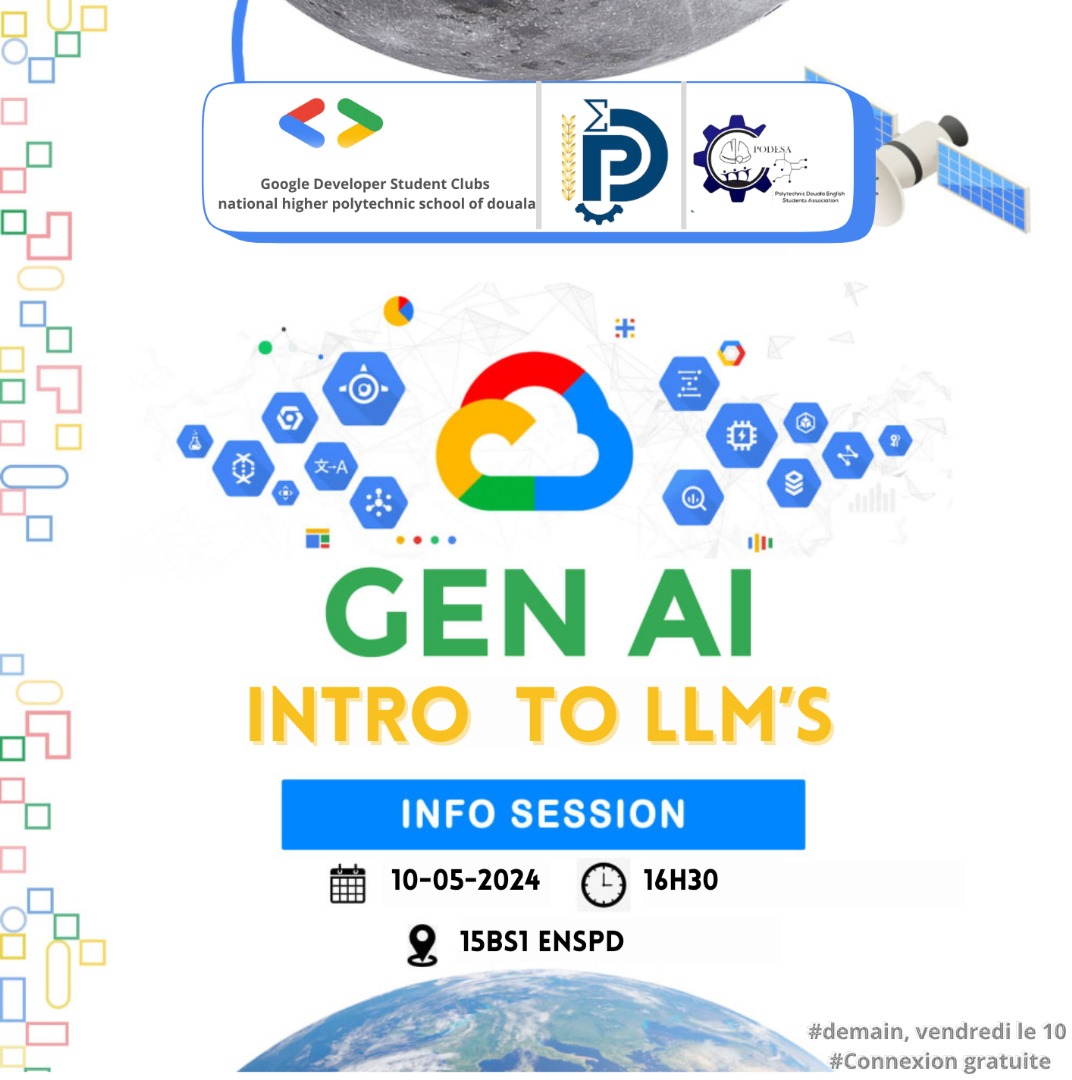 EnspdGdsc's tweet image. 🔖🔖 (*GDSC ENSPD et le club PODESA*) 

Rejoignez-nous pour l&apos;événement *&quot;Introduction au LLM &quot;!*
L&apos;intelligence humaine.

📅  *Vendredi le 10 Mai 2024 (demain)*
🕡 *16h30*
✅ *15bs1*
Reservez ici gratuitement : *urlz.fr/qBMd*

# apporter vos PC
#connexion gratuite