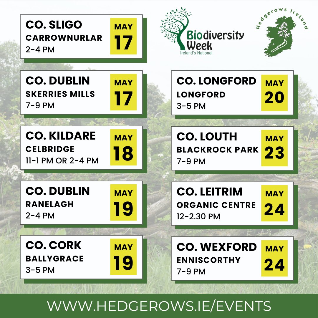 7 days until Biodiversity Week! We will host hedge walks in Cork, Dublin, Kildare, Leitrim, Longford, Louth, Sligo & Wexford. Register: hedgerows.ie/events/ Thank you to @IrishEnvNet, @longfordcoco, @louthcoco, @Fingalcoco & @organiccentreie for supporting these events!