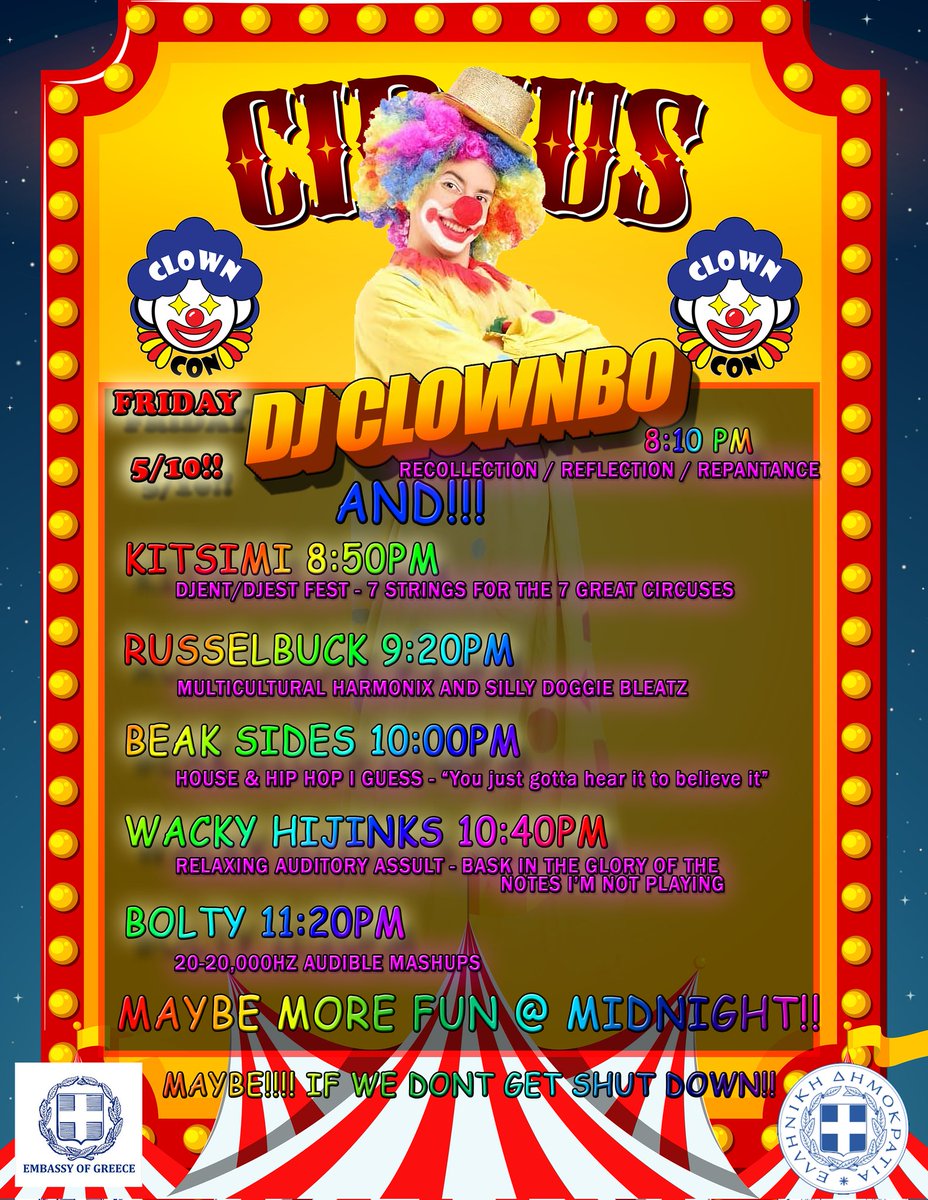 GET RDY TO PARTY C.L.O.W.N.S!!!!!!!! ITS ALMOST TIMEEEE 🕜🕡🕦 TOMORROW IN FACT HAHAHA!!!!! COME DANCE AND MAYBEEE EVEN SMILE!!! FRIDAY!!! ROOM TBA BUT WE'LL LET U KNO HAHAHA!! :-))))