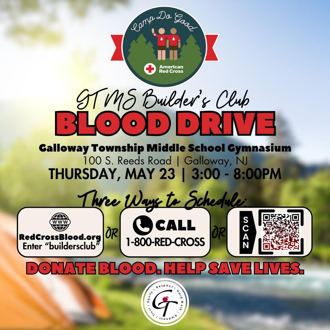The GTMS Builder's Club Blood Drive is Thursday, May 23 in the GTMS Gym! Appointments start at 3:00pm with the last appt. at 7:45pm. Book your appointment using the QR code or this link: mvnt.us/m2415088 #BeAHeroDonor #GiveBlood @americanredcross @RedCross @RedCrossBlood