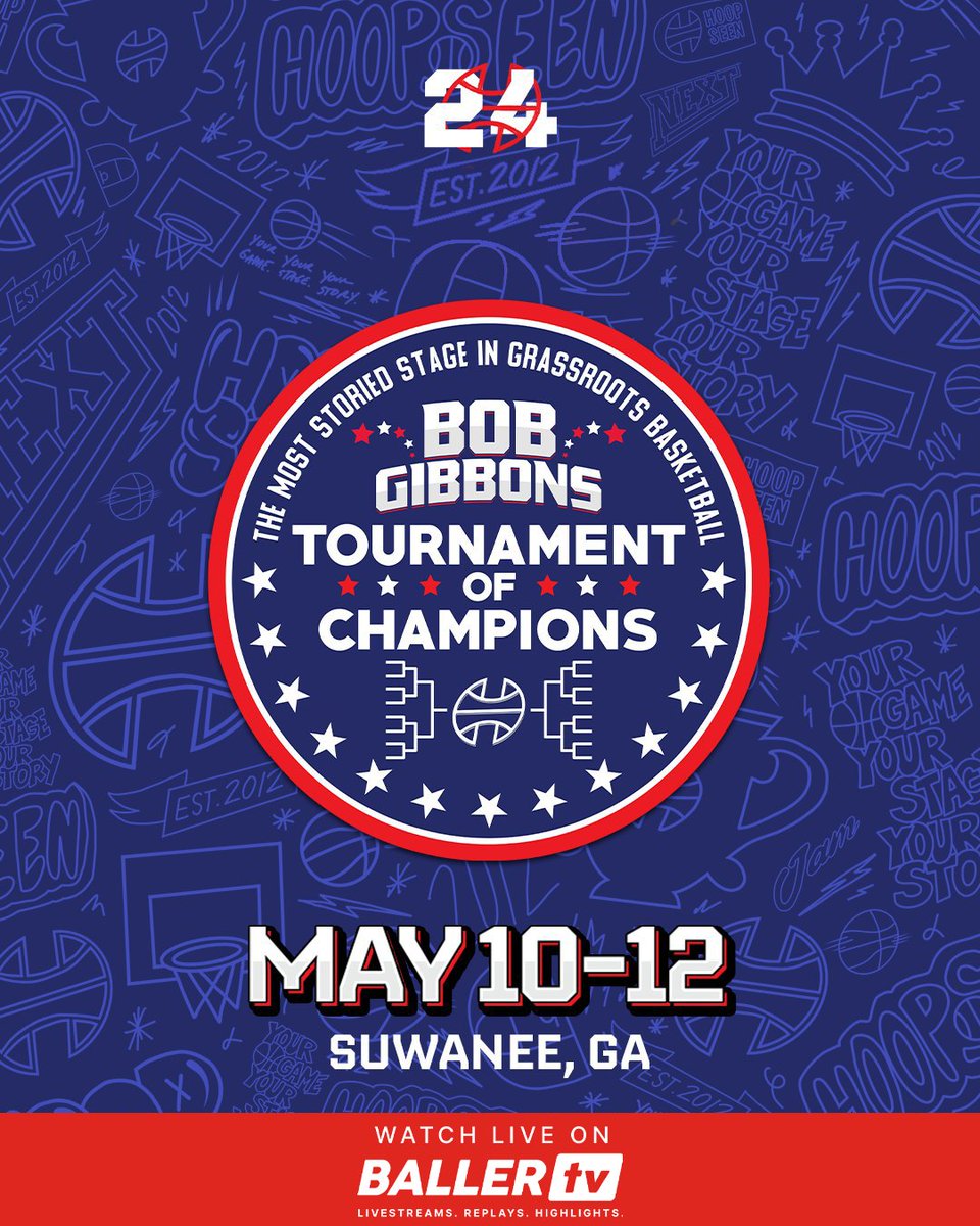 1 day until @hoopseen's Bob Gibbons Tournament of Champions! 📅 Fri, May 10 - Sun, May 12, 2024 📍 Suwanee, GA 📺 Watch live and on replay: bit.ly/3wtFP6X