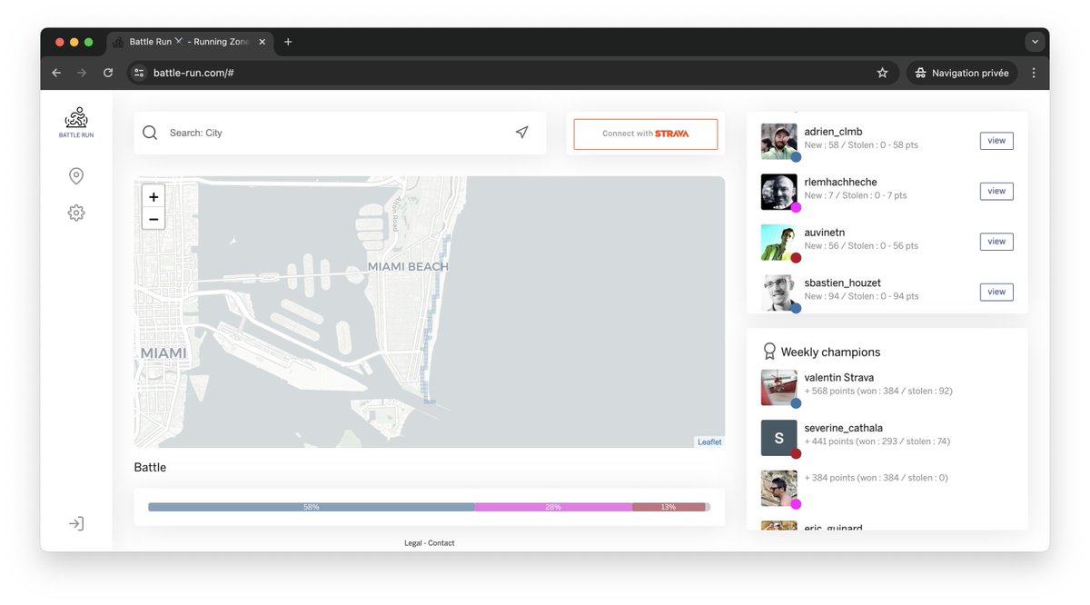 Happy to see ... a first runner in USA 🇺🇸 (Miami) on Battle-Run ... and also Madrid 🇪🇸, Paris 🇫🇷, Orange 🍊...

Let's lace up our shoes and conquer the virtual world together on Battle-Run.com!