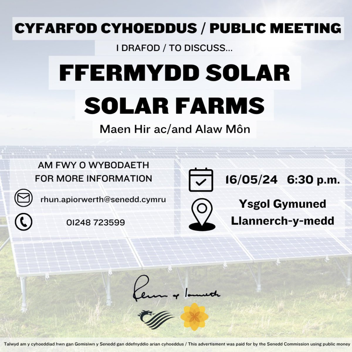 Ydych chi’n rhannu fy mhryderon am y cynlluniau i ddatblygu ffermydd solar ar Ynys Môn❓ Do you share my concerns about the proposals to develop solar farms on Ynys Môn❓ Come and have your say in next week’s public meeting - details below👇