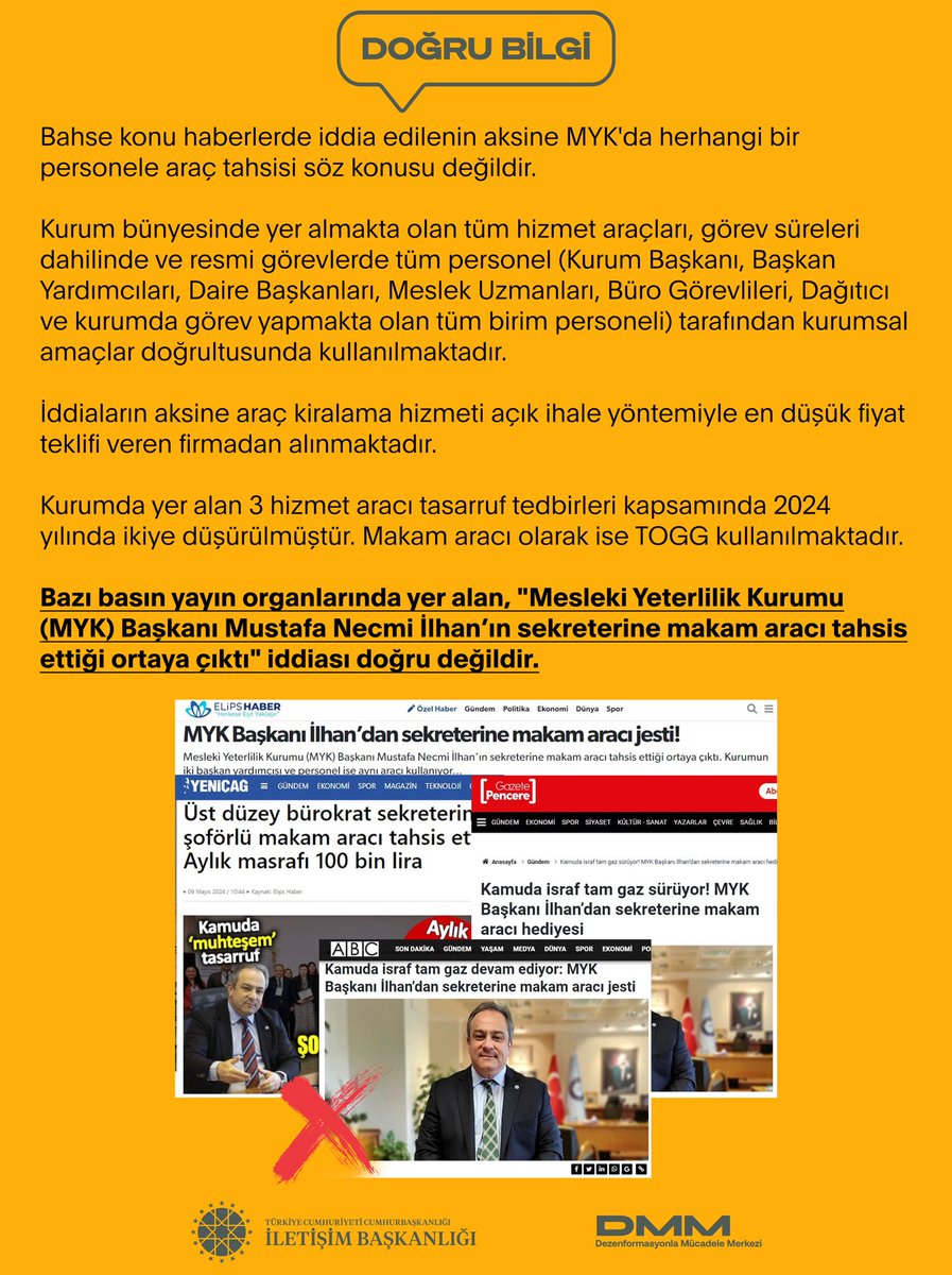 📌 Bazı basın yayın organlarında yer alan, 'Mesleki Yeterlilik Kurumu (MYK) Başkanı Mustafa Necmi İlhan’ın sekreterine makam aracı tahsis ettiği ortaya çıktı' iddiası doğru değildir. Bahse konu haberlerde iddia edilenin aksine MYK'da herhangi bir personele araç tahsisi söz