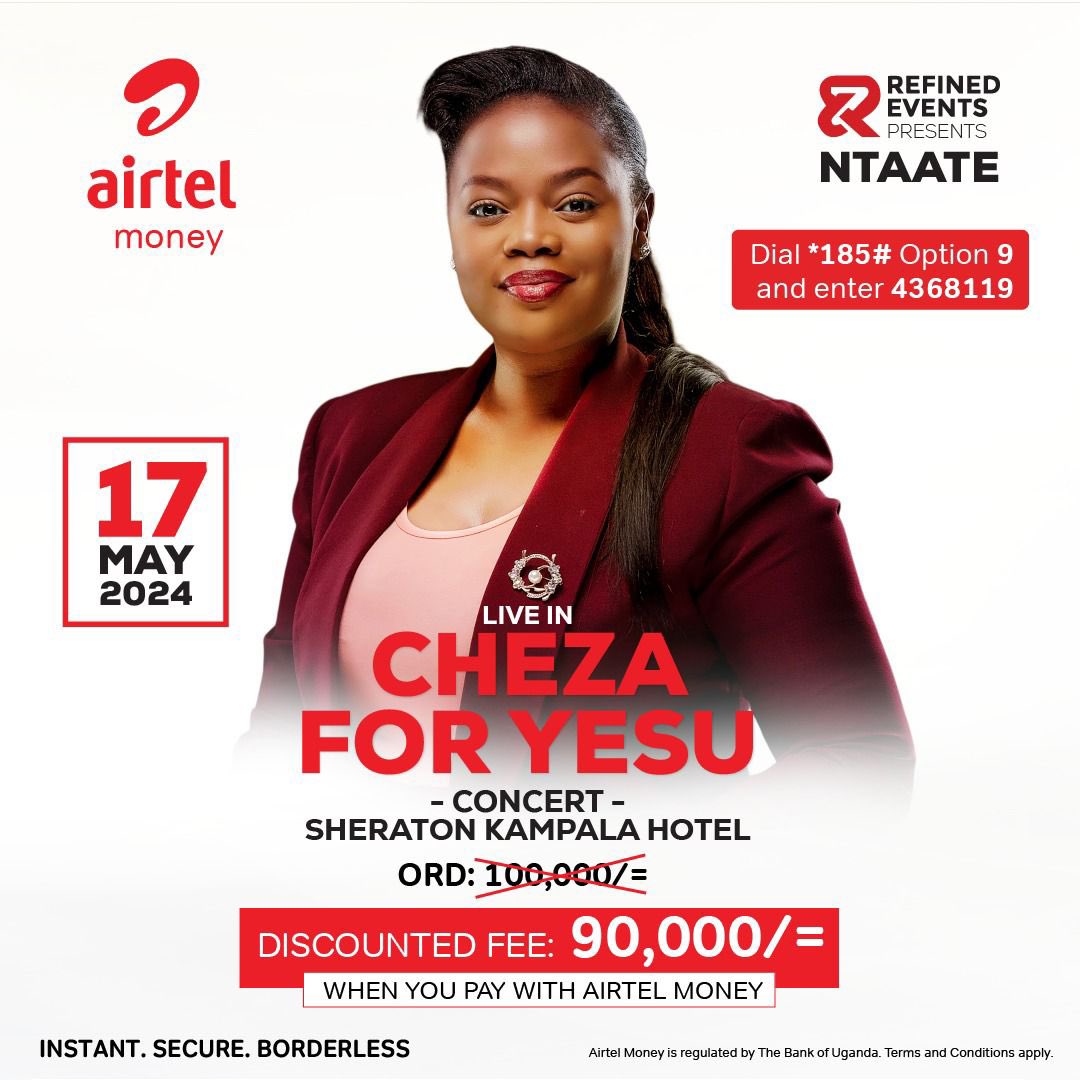 Welcoming @Airtel_Ug on board, 100K tickets are now available at 90K bweddu 🥰🥰. Just dial *185# select option 9 then enter merchant code 4368119. NB: Follow prompts, protect your pin. Airtel Uganda: Instant, Secure and Borderless. #ChezaForYesuConcert