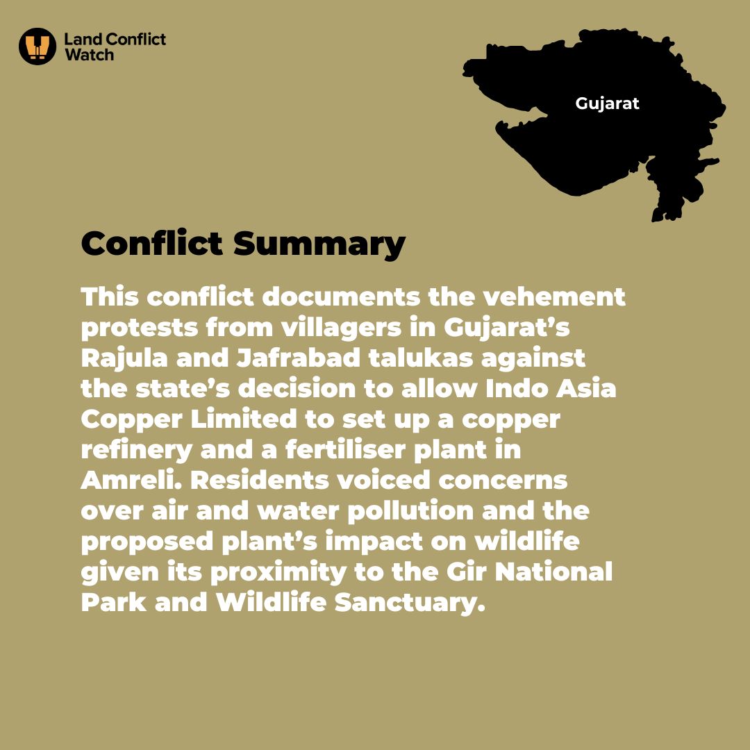 New Conflict | On 13 Mar, 11 people were detained while protesting a proposed copper & fertilizer plant worth ₹15,689 cr in Gujarat's Lunsapur. Locals' concerns range from air and water pollution to impact on nearby Gir Sanctuary. Read @suchak 's report landconflictwatch.org/conflicts/loca…