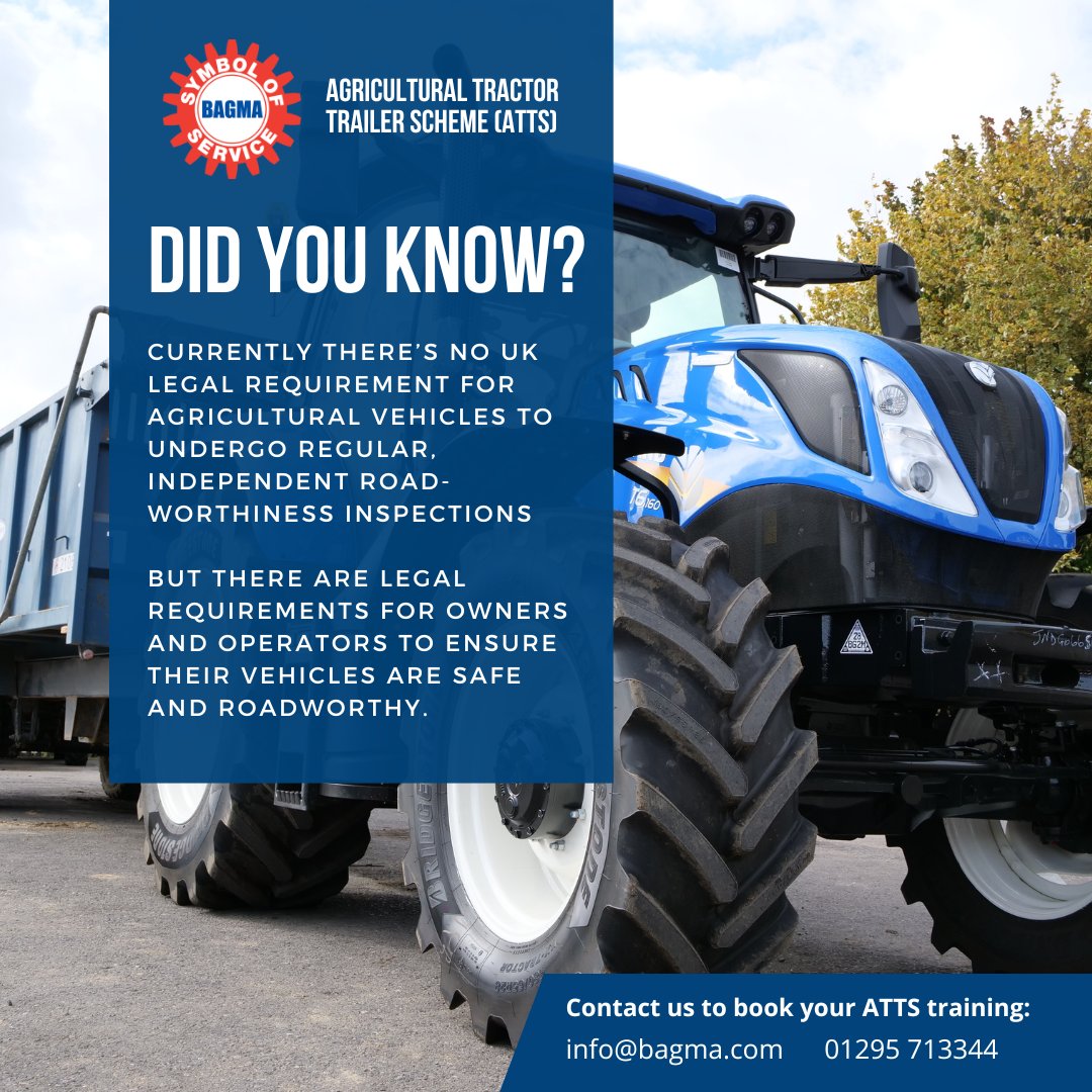 Did you know that if you were pulled over for a roadside incident in an agricultural vehicle it would be assessed to the same standard as a typical MOT? 🚜 Learn how to correctly inspect your vehicle and test its braking system with BAGMA ATTS training shorturl.at/epDP0