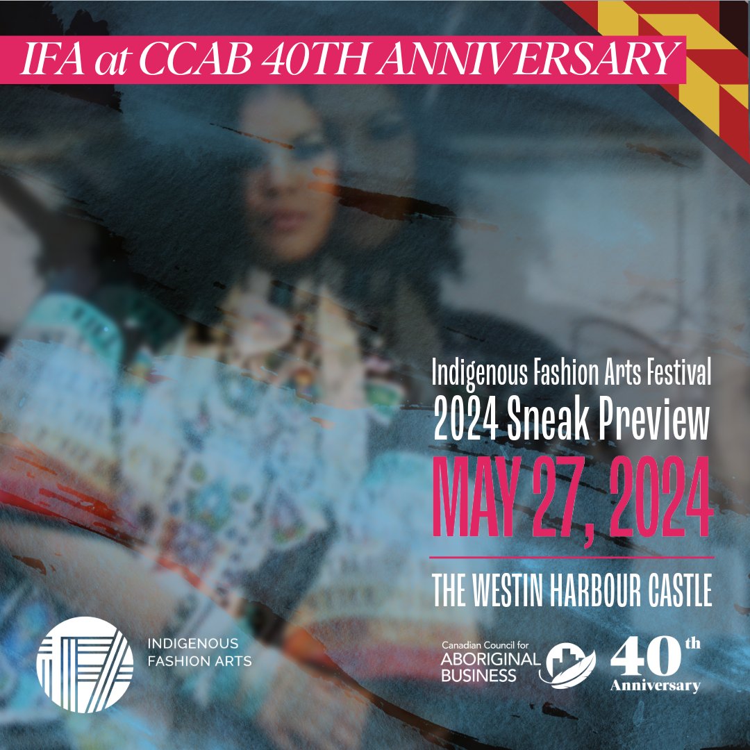 CCAB's 40th Anniversary Opening Reception on May 27 features an Indigenous Fashion Arts 2024 Festival Sneak Preview! Lesley Hampton, Rebecca Baker-Grenier, Indi City x Heather Bouchier, &amp; Ujaraatsiaq’s Garments will be presented in a live model showcase. 

bit.ly/3uAUPPp