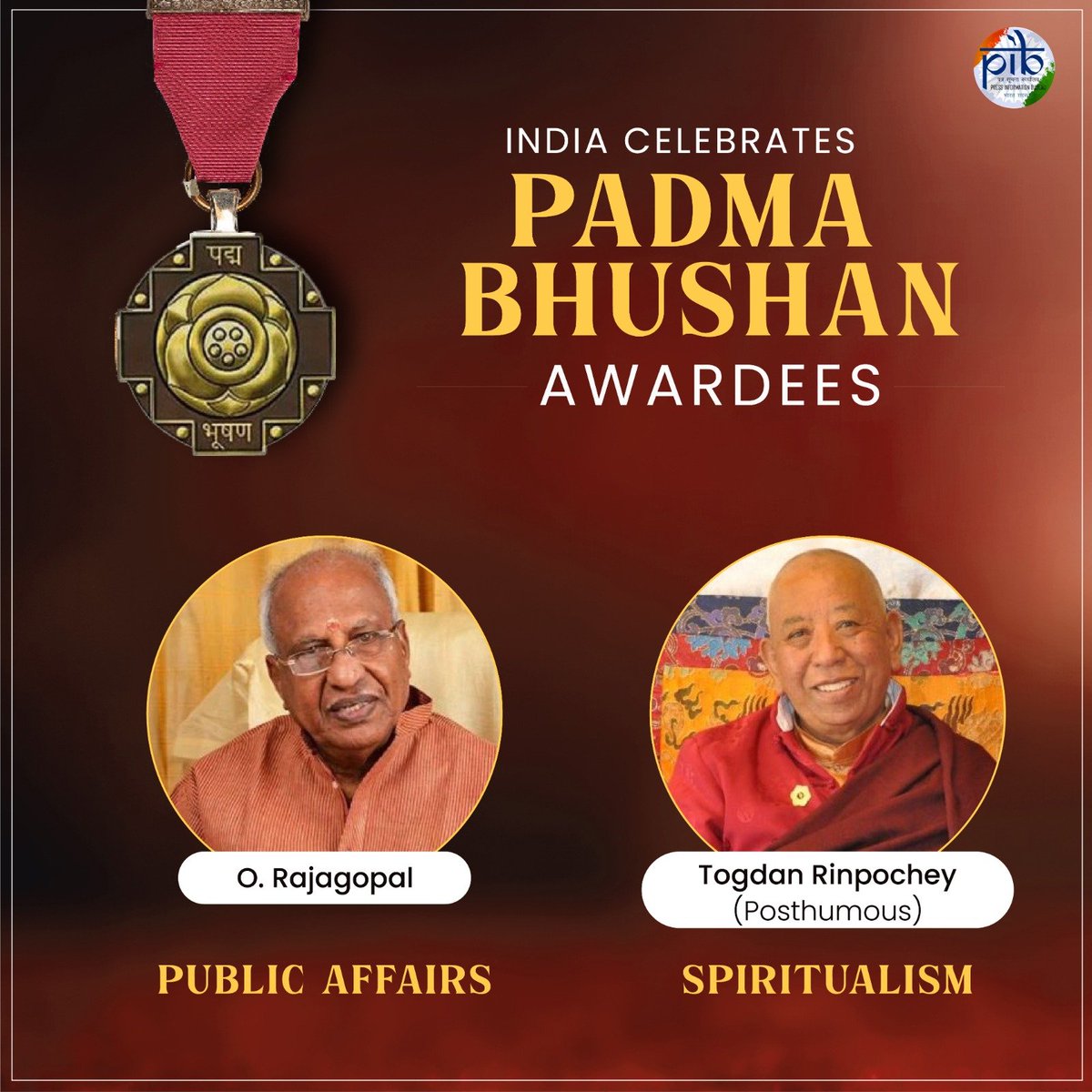 President Droupadi Murmu presents the #PadmaBhushan to: 

 🏆 O. Rajagopal for his contribution in the field of Public Affairs

 🏆 Togdan Rinpochey (Posthumous) for his contribution in the field of Spiritualism

#PeoplesPadma #PadmaAwards2024