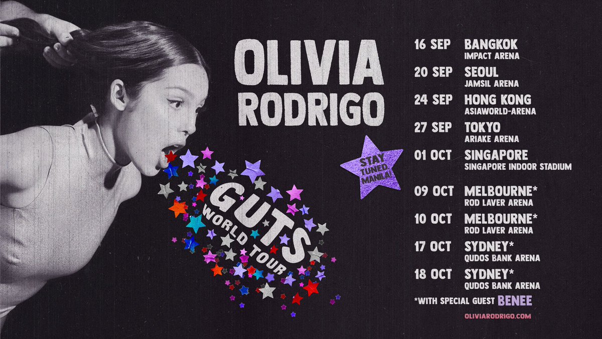 asia & australia!!! ⭐️💜 we’re sooo excited to announce that the #GUTSWorldTour is coming to you later this year!!! visit oliviarodrigo.com for more info

*pls note that the melbourne dates are oct 9 & 10*
