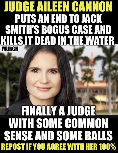 Finally a real Federal Judge who gets it and sees through all the BS. Judge Merchan, Engoron, and Kaplan could learn a thing or two from Judge Aileen Cannon. You know the Left is going crazy. Who loves it that she stopped the bogus case from Jack Smith and The FBI ? 🙋‍♂️